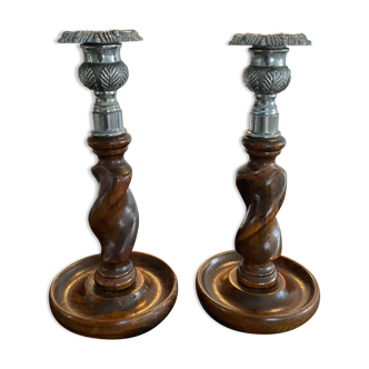 Pair of Scandinavian candle holders in wood and silver metal 60s-70s