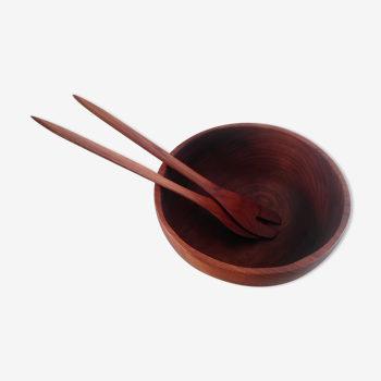 Salad bowl in solid teak and cutlery