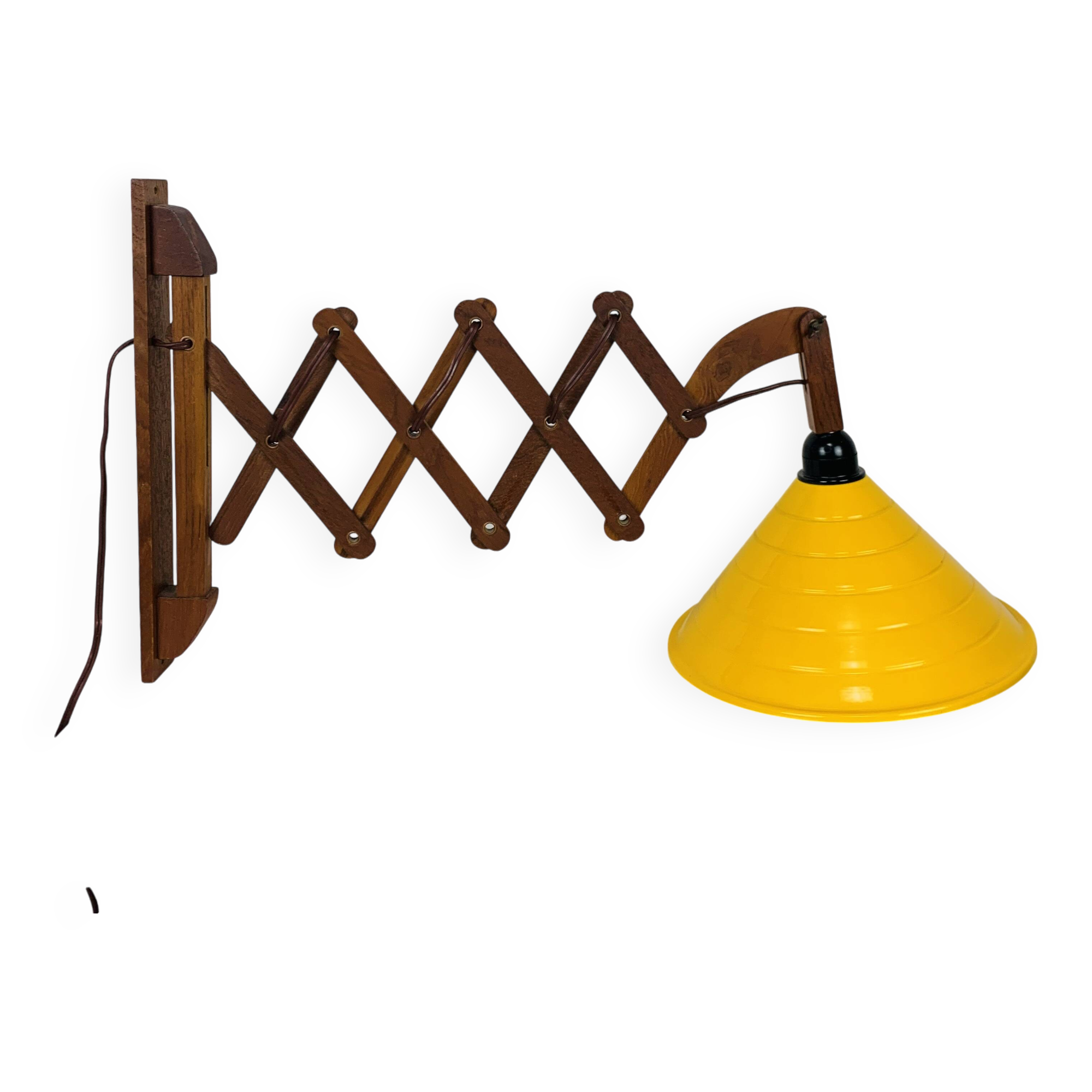 Scandinavian accordion wall light from the 60s, wood and yellow reflector
