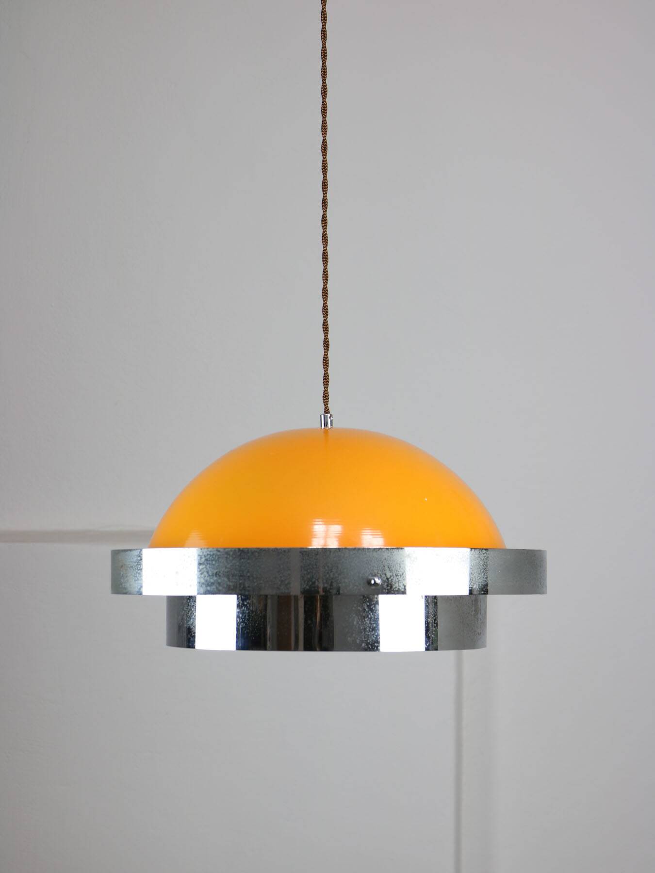 Space Age Italian Orange and Chrome Metal Pendant Lamp, 1970s