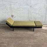 Day Bed sofa in skai, mottled green fabric and black metal 1950