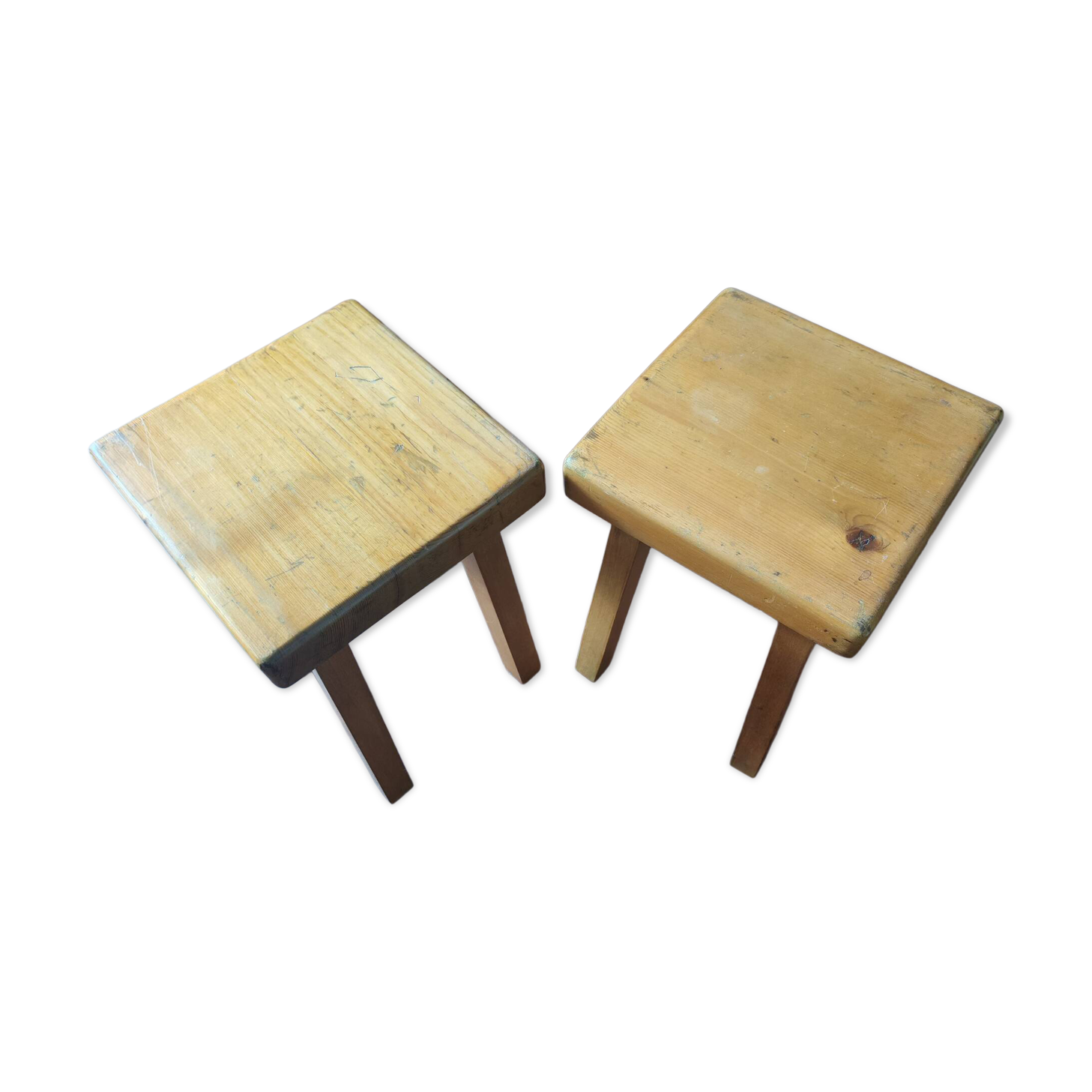 1 set of 2 solid pine stools by Charlotte Perriand, Les Arcs, France.