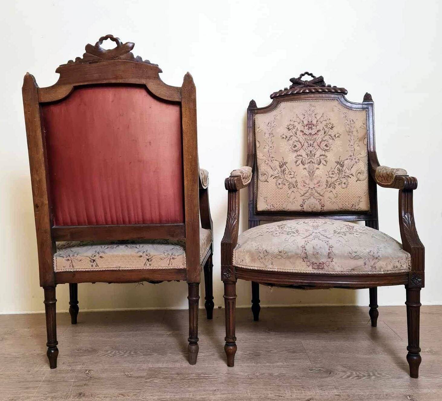 Pair of Louis XVI style queen-style armchairs in richly carved wood