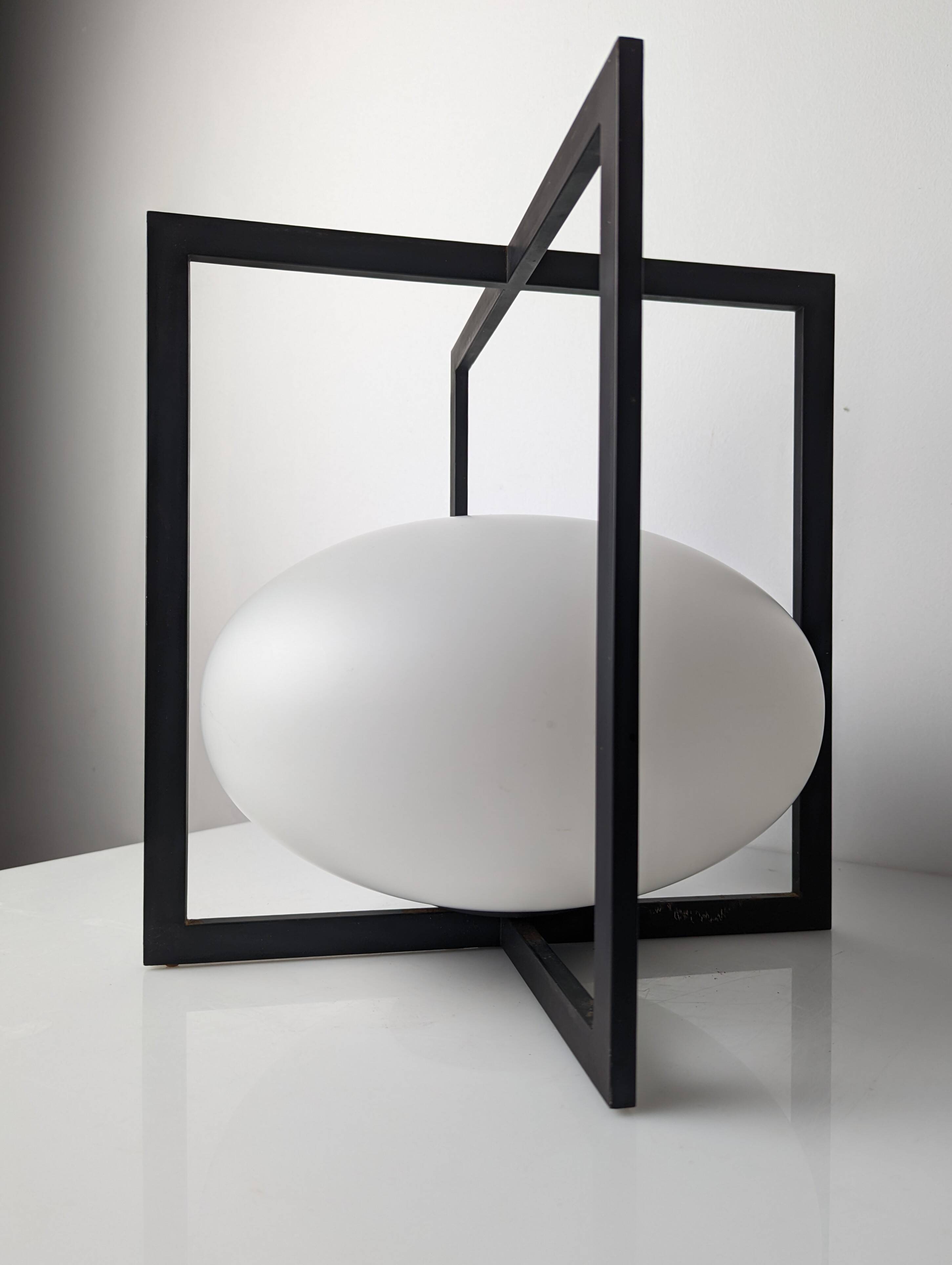 Minimalist Cube Table Lamp Black Metal Opal Glass Geometric European 1970s