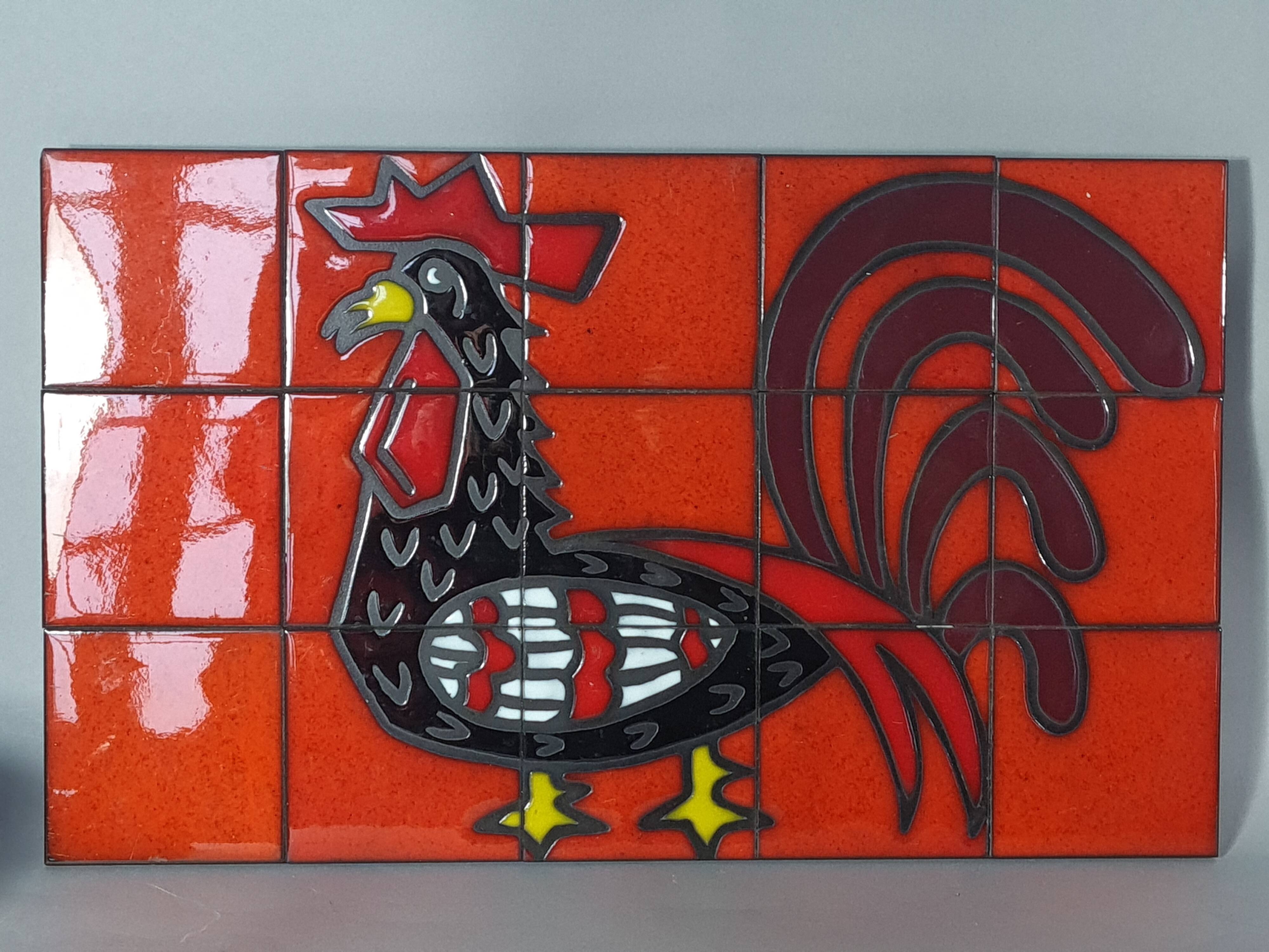 Rooster on vintage enameled ceramic wall plate 50/60s. 50x30cm B667