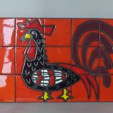 Rooster on vintage enameled ceramic wall plate 50/60s. 50x30cm B667