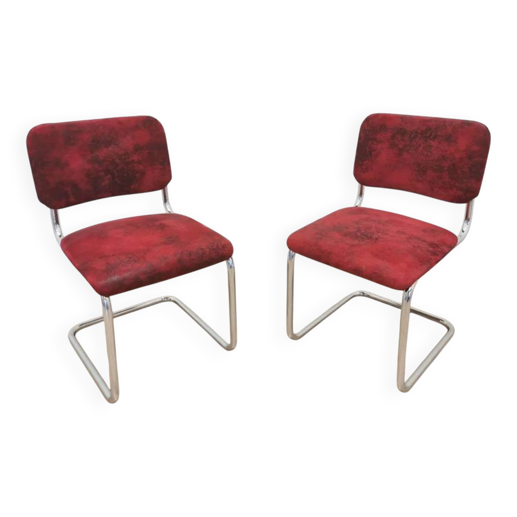 Set of 2 Dining Chair: Red Fabric, Tubular Frame, Retro 1970s