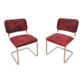 Set of 2 Dining Chair: Red Fabric, Tubular Frame, Retro 1970s