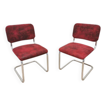 Set of 2 Dining Chair: Red Fabric, Tubular Frame, Retro 1970s