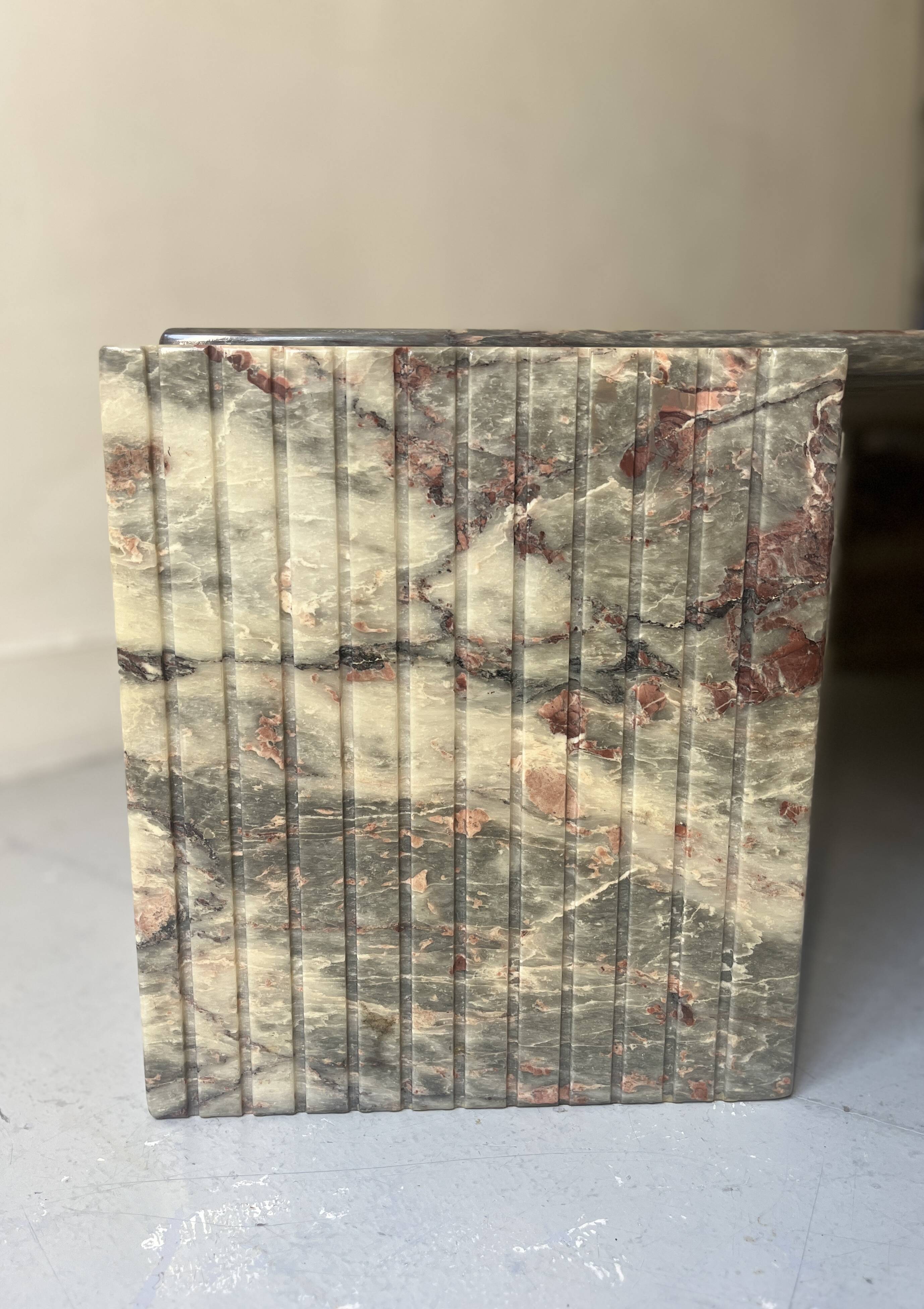 water green, beige and pink/burgundy marble drop coffee table, Roche Bobois 1970