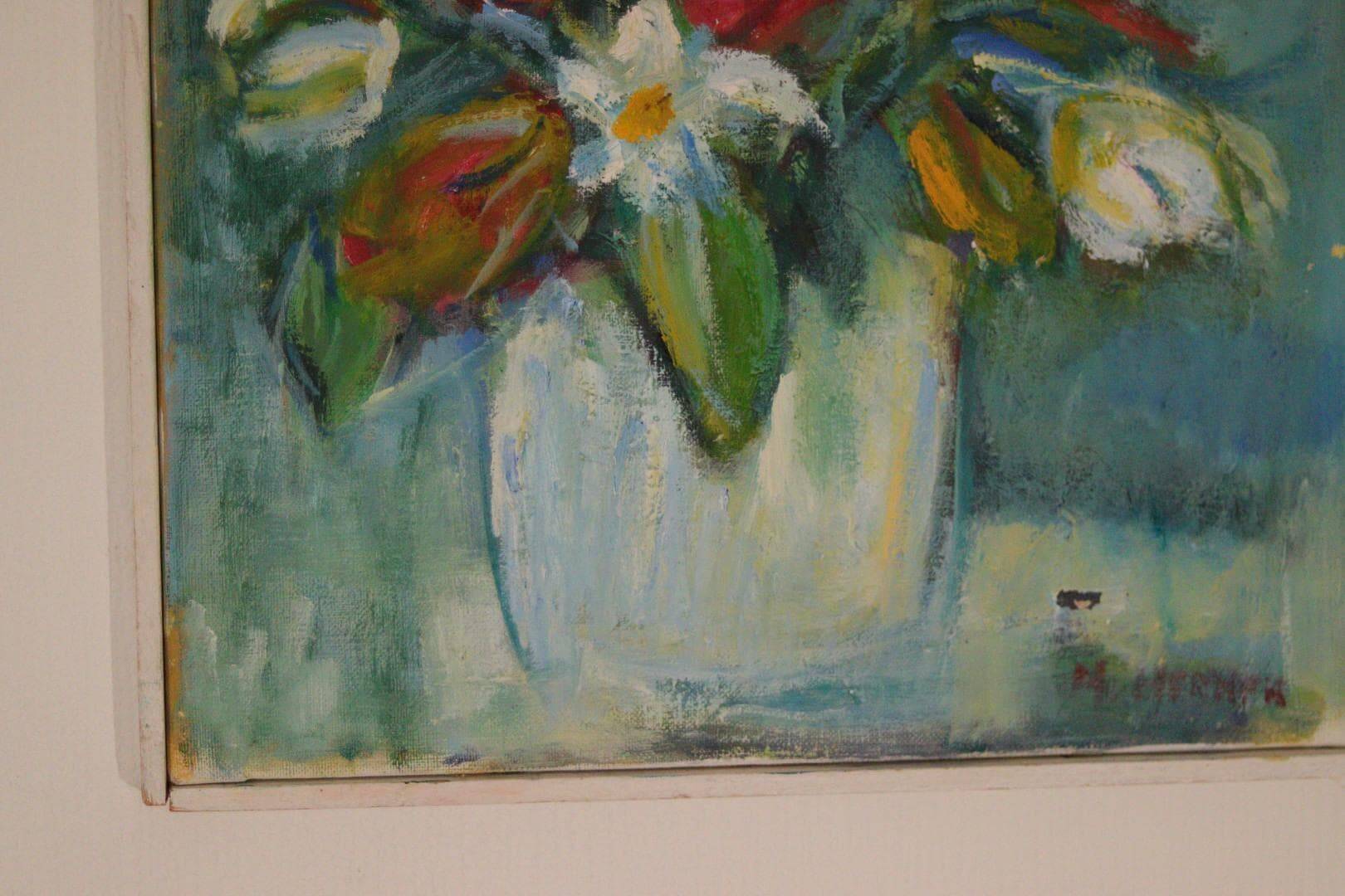 Oil on Swedish canvas "Vase and Flowers" by M. Hernek