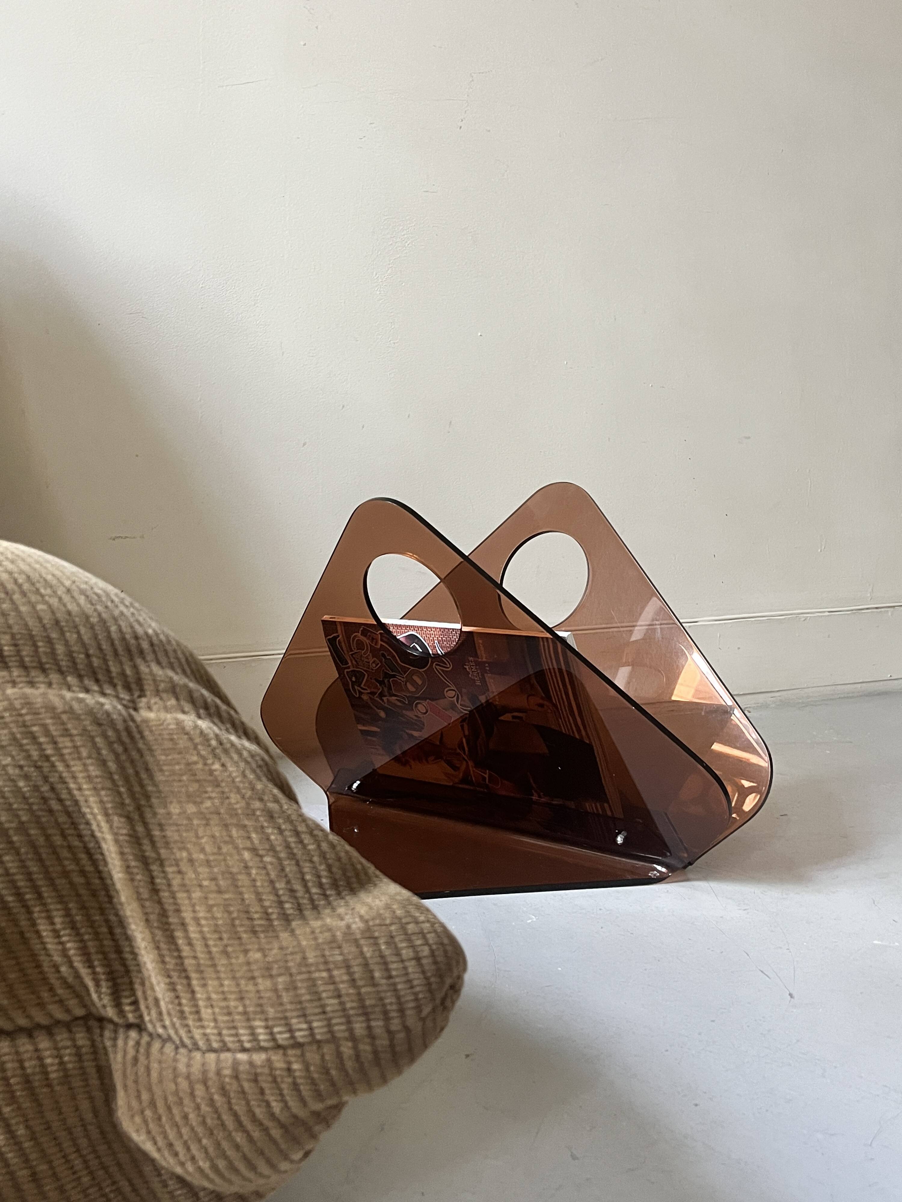 magazine holder in smoked plexiglass, design 1970