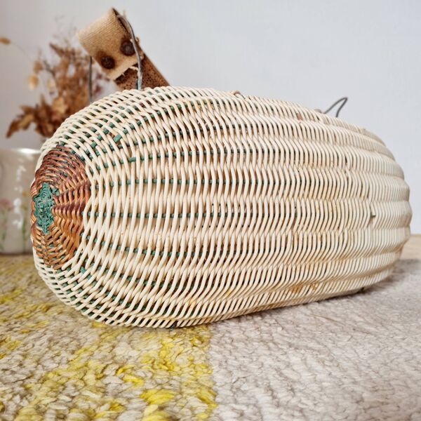 Panier ancien besace en osier tressé - art populaire -