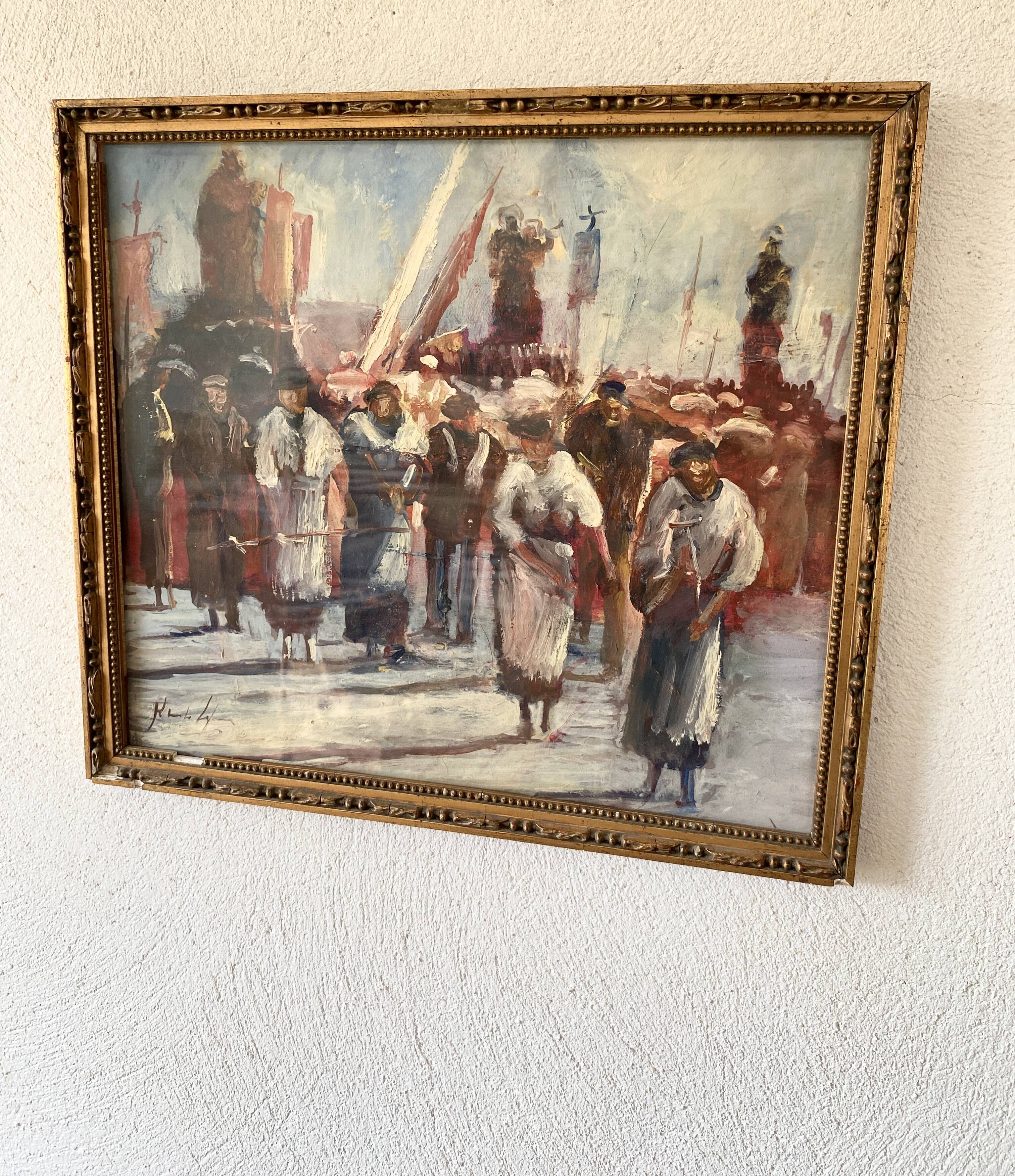 Oil painting “Sicilian procession” 1960, wooden frame and glass