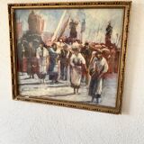 Oil painting “Sicilian procession” 1960, wooden frame and glass
