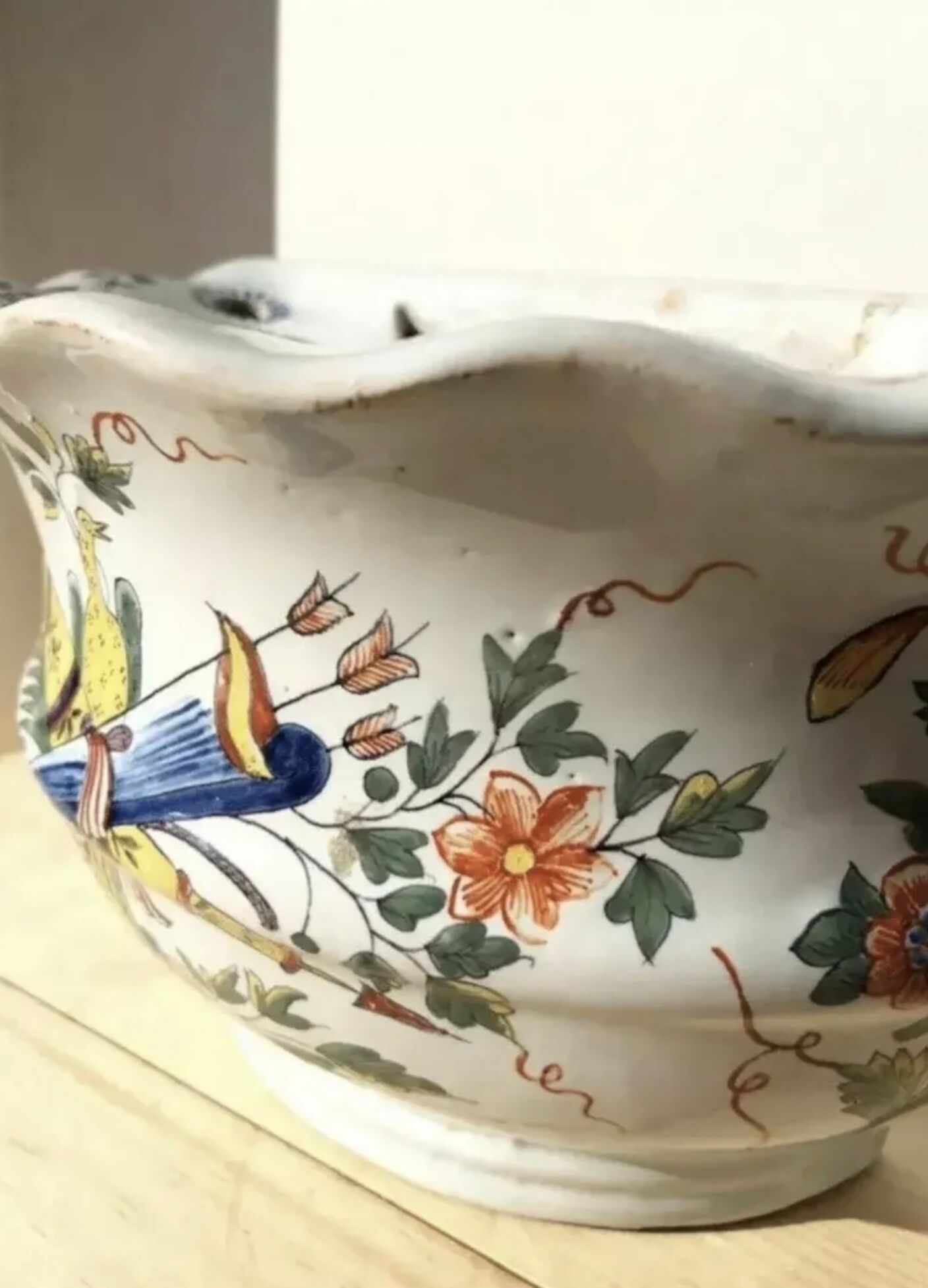 Flower holder old wall flower in earthenware signed MD porcelain hand painting