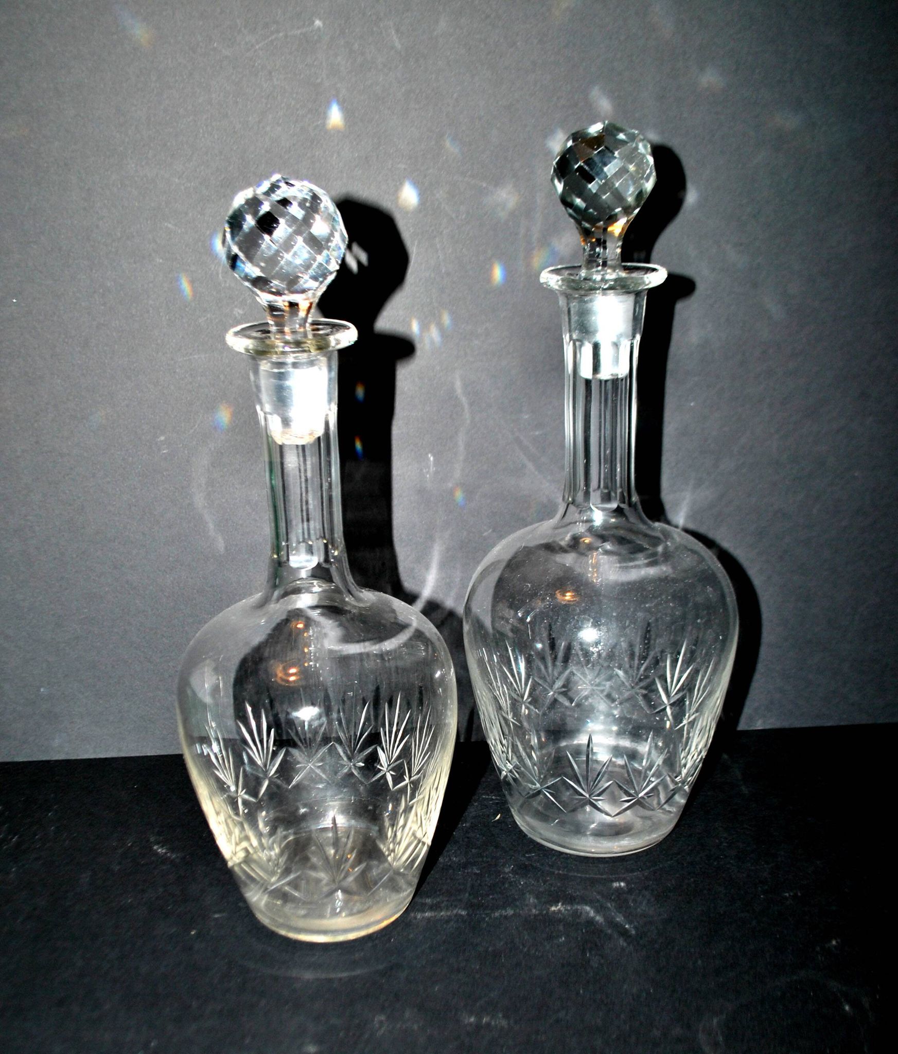 Set of 2 antique cut crystal wine decanters from Cristallerie Lorraine