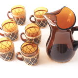 Service en verre ambre et rotin