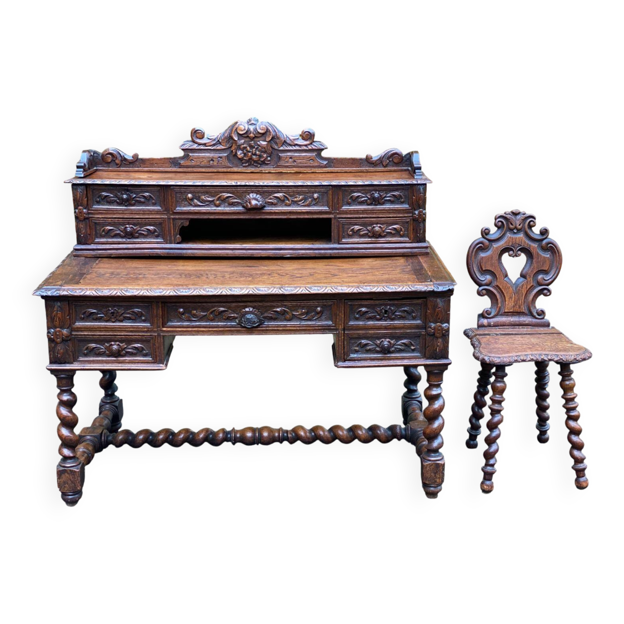 19th-century Renaissance carved oak desk with chair