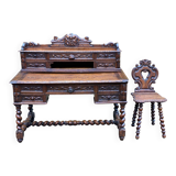 19th-century Renaissance carved oak desk with chair