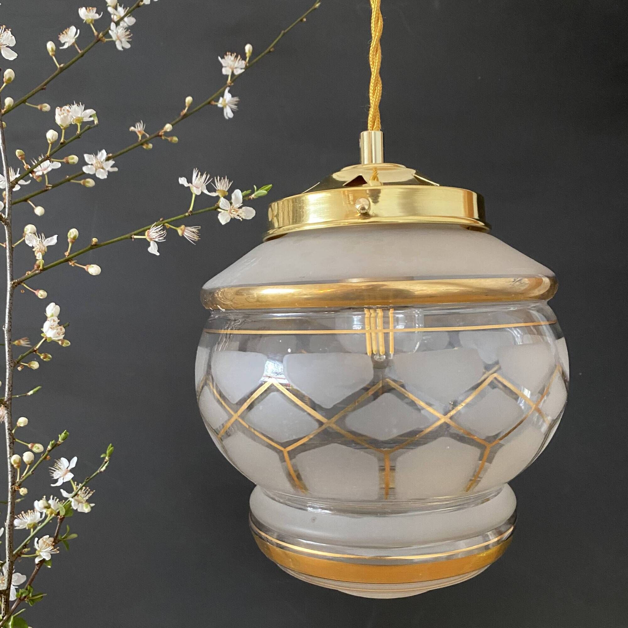 Vintage art deco globe pendant light in white and gold frosted glass