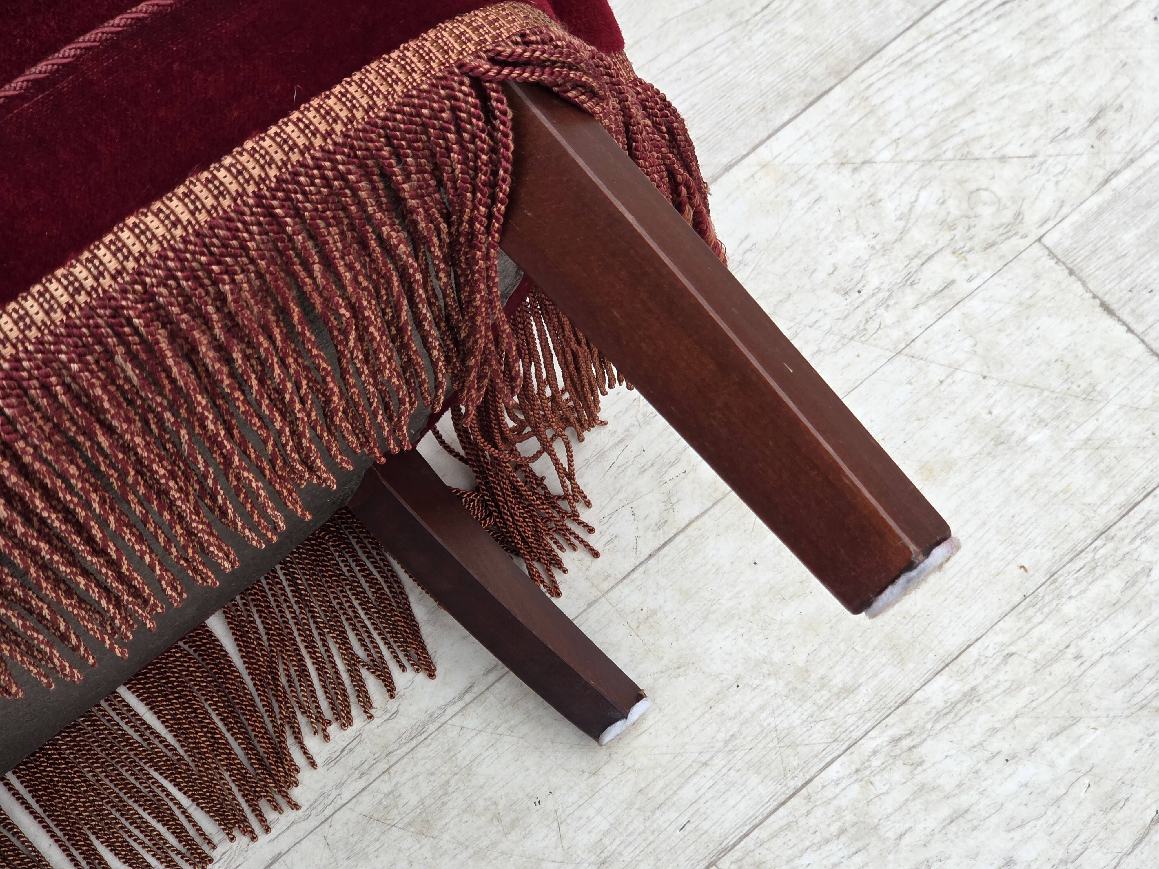 1970s, Danish highback armchair, red furniture velour, beech wood.
