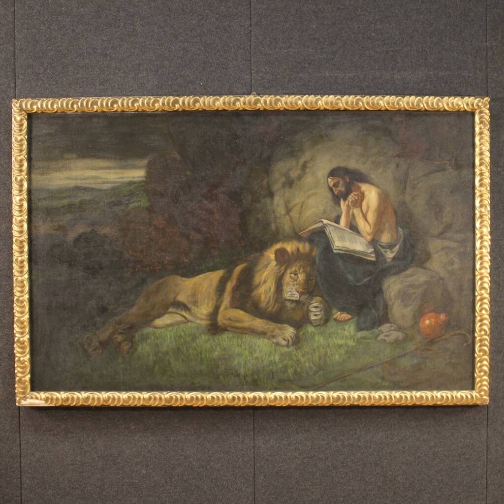 Tableau religieux italien représentant saint Jérôme avec un lion, datant du XXe siècle.