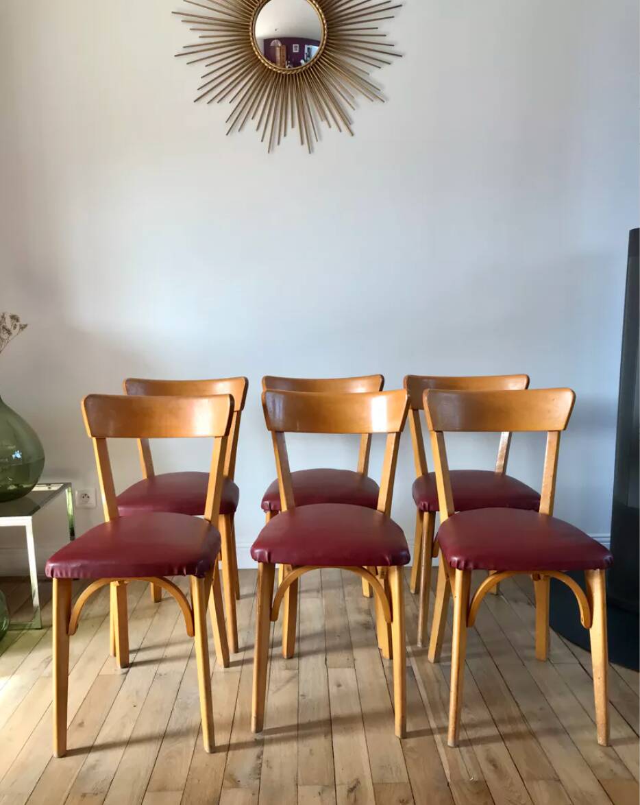 Set of 6 Luterma bistro chairs in blond wood and skaï 50s