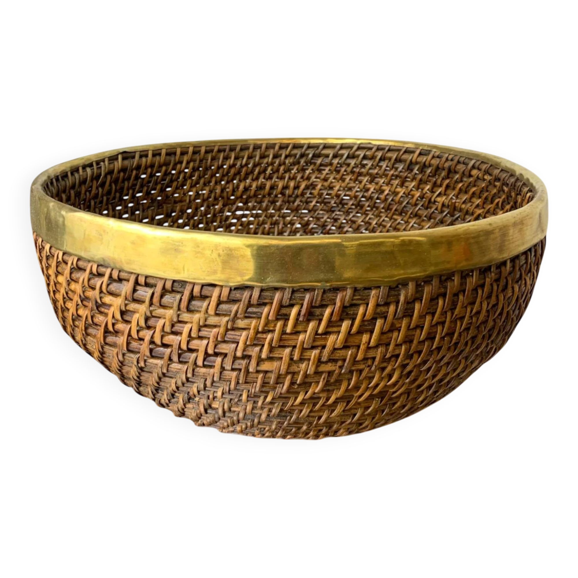 Panier en rotin et laiton, Italie, années 1970, 32 cm de diamètre