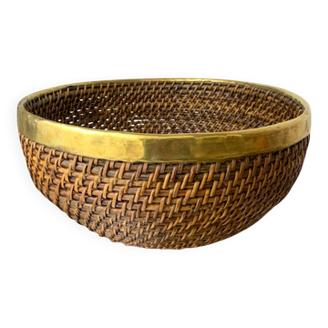 Rattan and brass basket, Italy, 1970s, 32 cm diameter