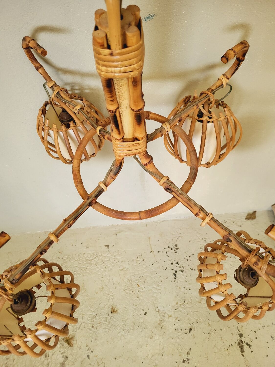 Vintage rattan chandelier 60s 4 branches