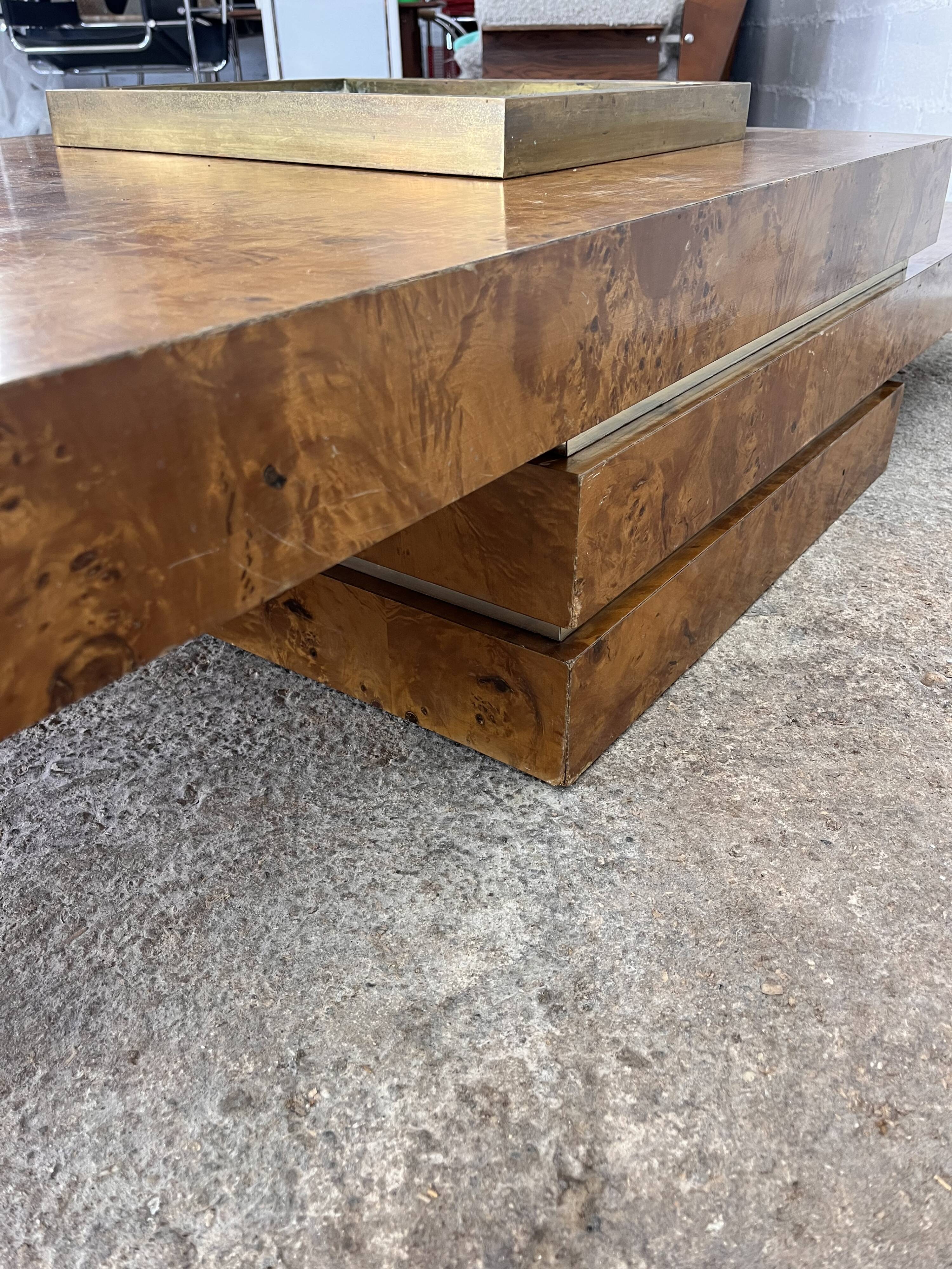 RocheBobois coffee bar table in elm burl and brass, 1970s