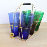 Set of 6 coloured glasses with brass base/basket