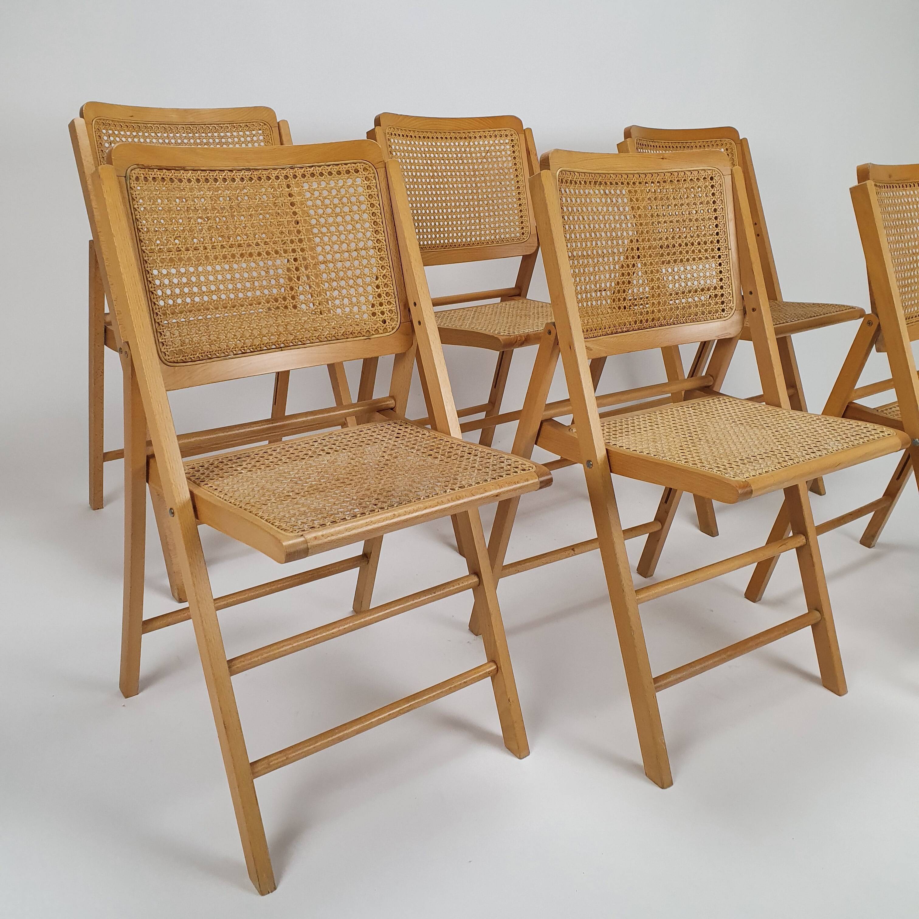 Set of 6 vintage birch and cane folding chairs, 1970s