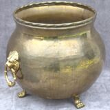 Vintage round flower pot copper brass planter lion feet