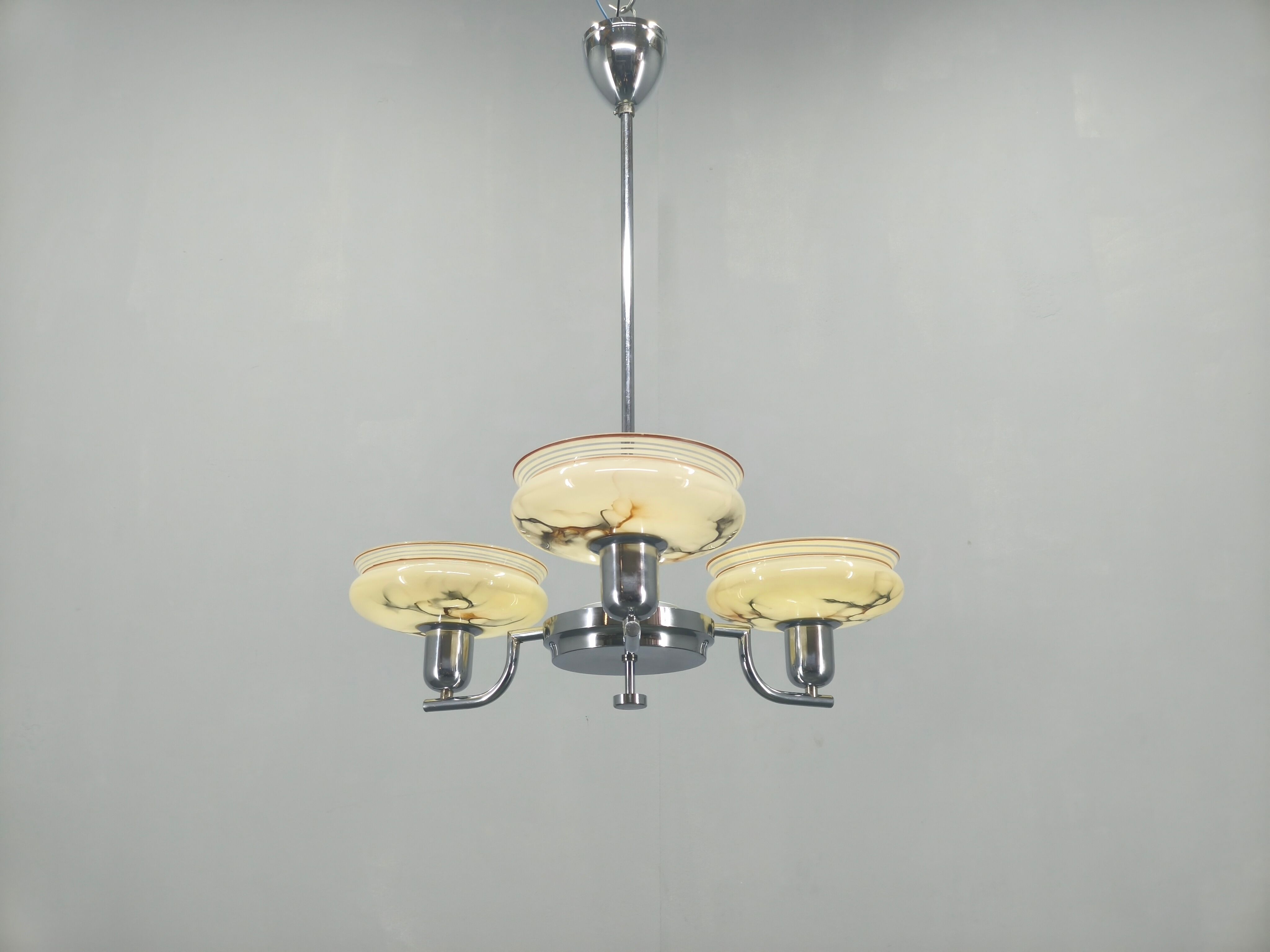 Art Deco Chandelier by Napako, Chrome & Marble Glass, 1930s