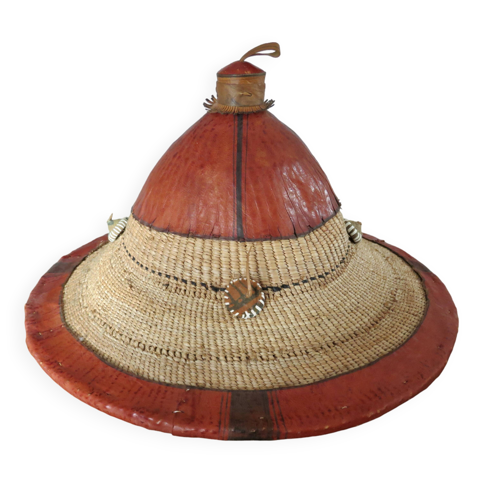 African conical hat, Fulani, in leather and braided rope, 1900