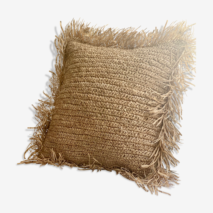 Coussin carré en raphia jute tressé finition frangée bohème 50 x 50 cm |  Selency