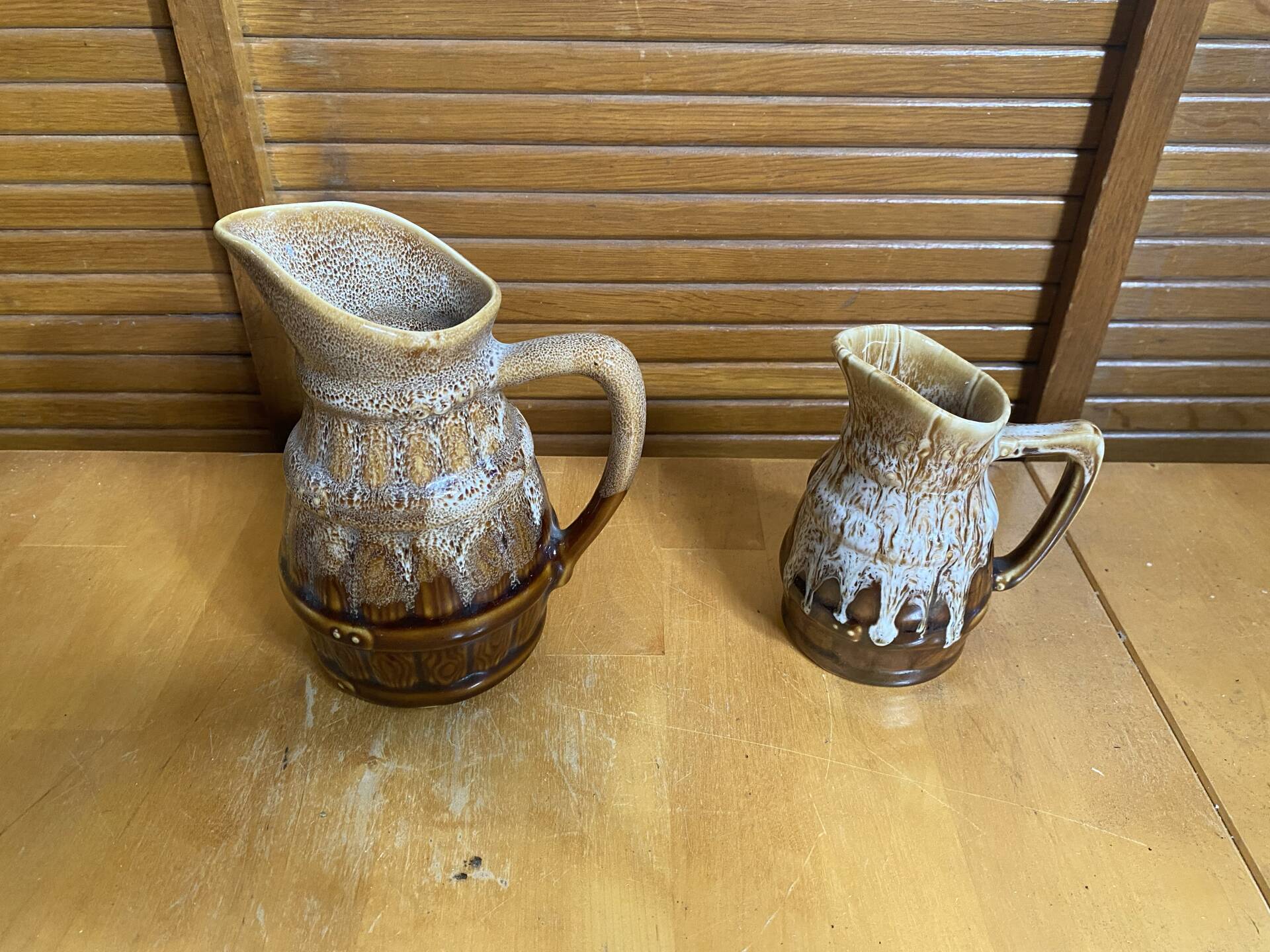 Pair of Barrel-Shaped Pitchers REVOL Flamed Ceramic 1/4 Litre Vintage