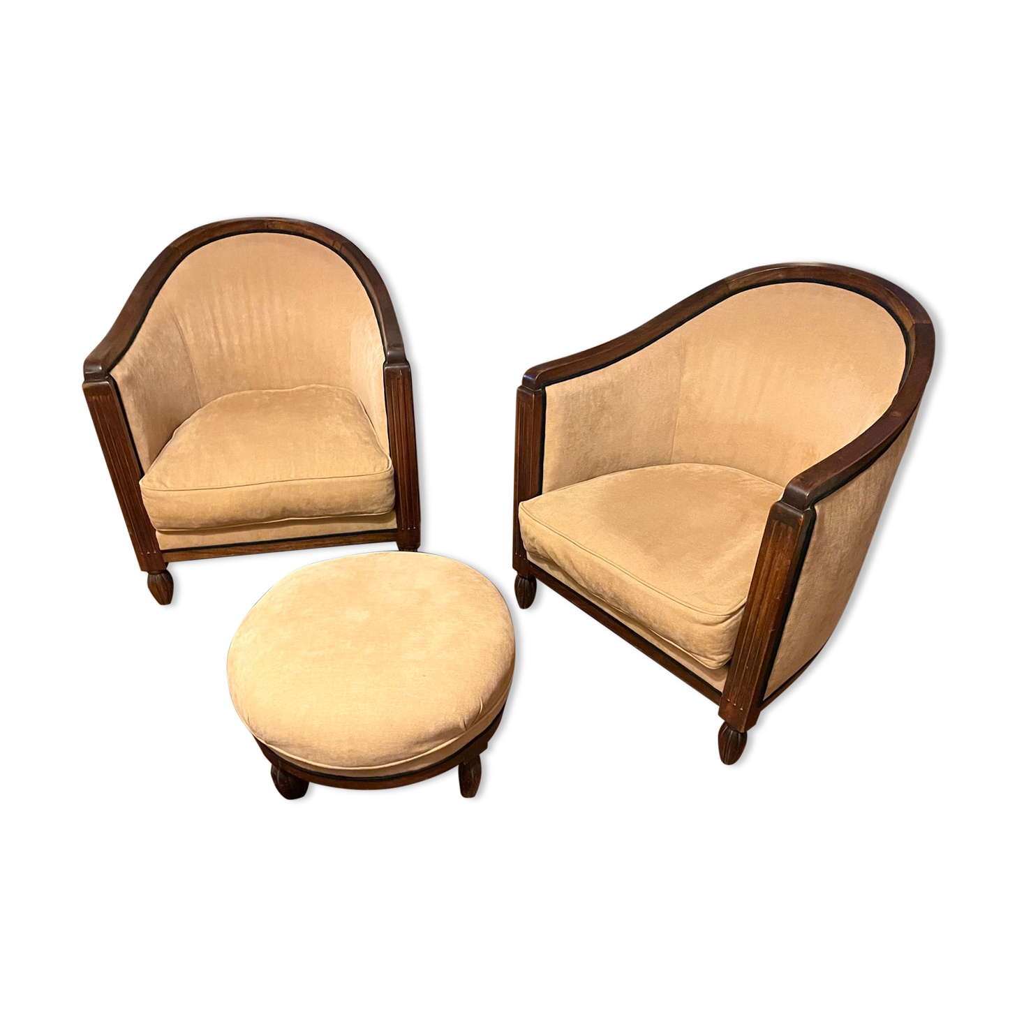 pair of ART DECO gondola chairs and a matching pouf reupholstered