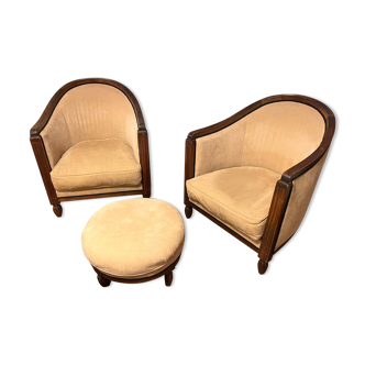 pair of ART DECO gondola chairs and a matching pouf reupholstered