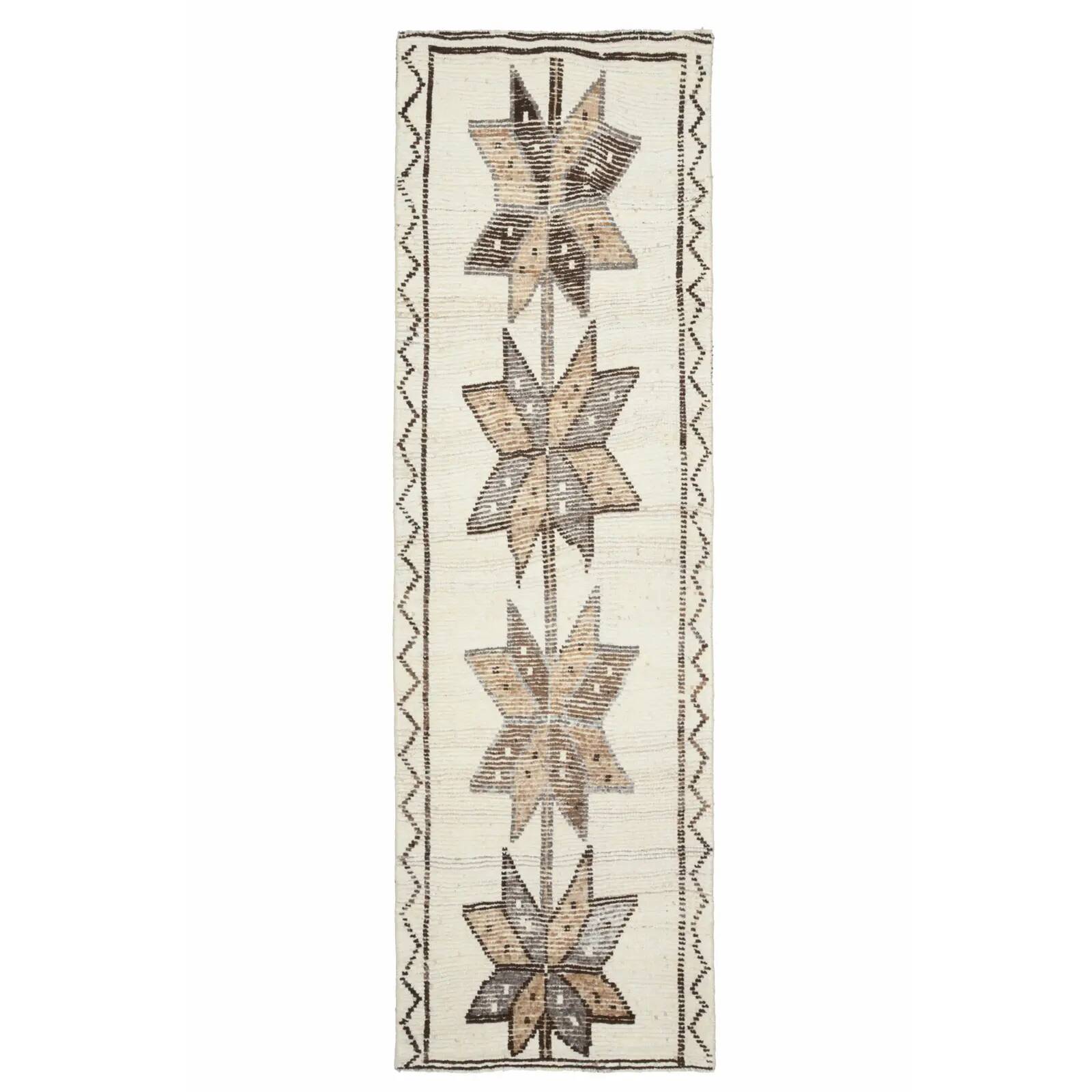 1970s vintage Turkish Oushak handmade wool cotton white runner rug 98x320