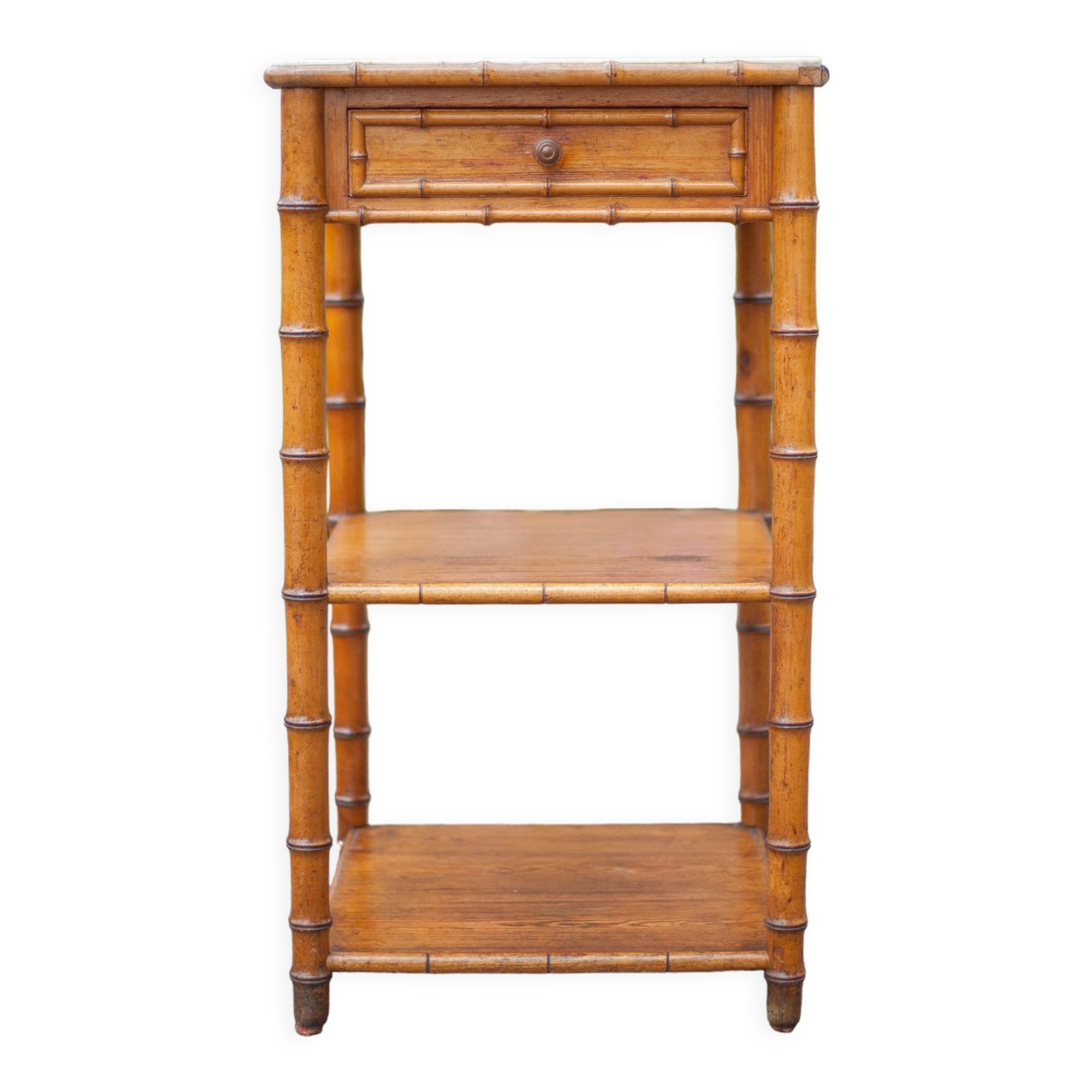 Bedside table wood imitation bamboo and marble colonial style, pedestal table, furniture 1 old drawer