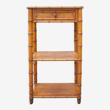 Chevet bois imitation bambou et marbre style colonial, guéridon, meuble 1 tiroir ancien
