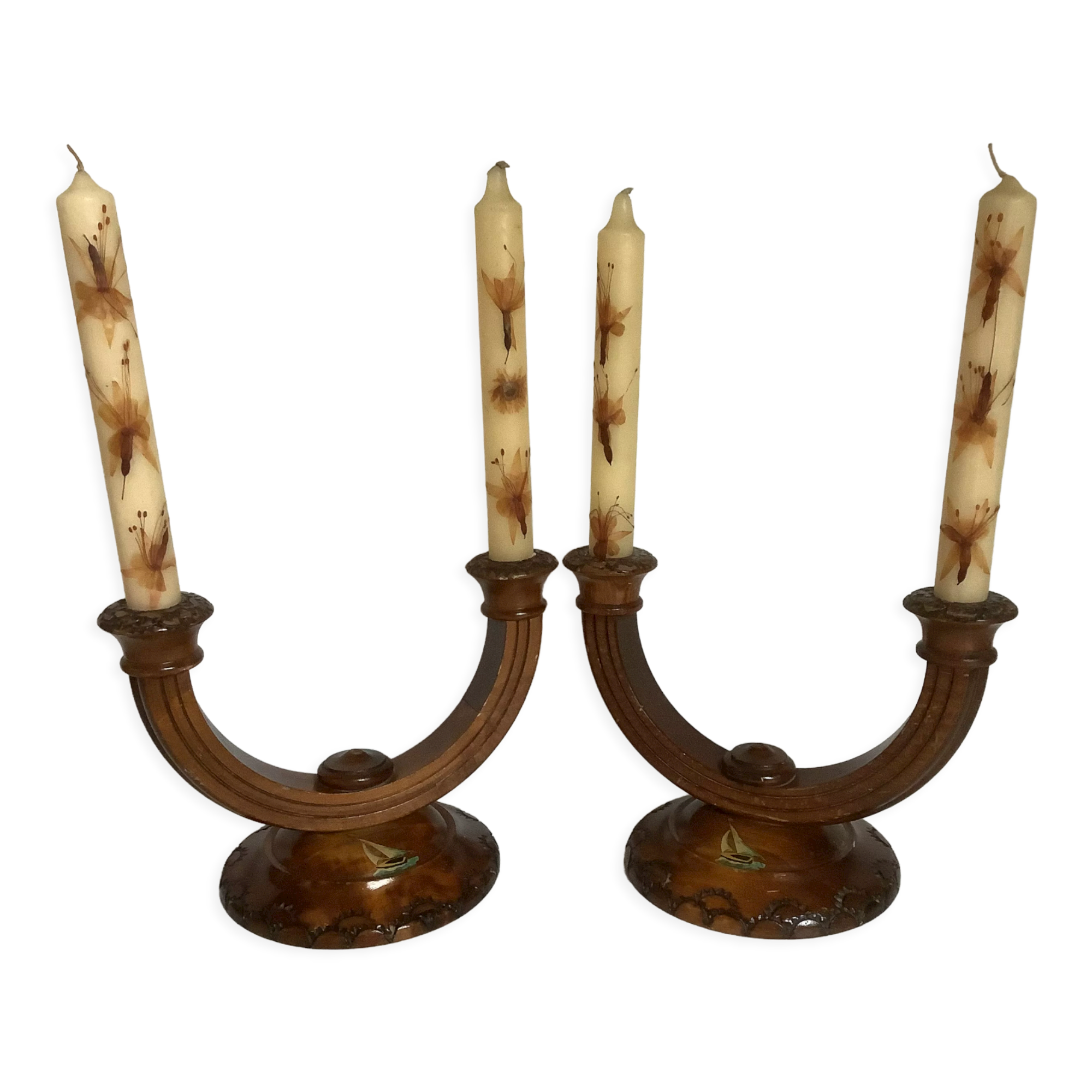 Old pair of brutalist wooden candlesticks dried flower candles