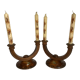 Old pair of brutalist wooden candlesticks dried flower candles