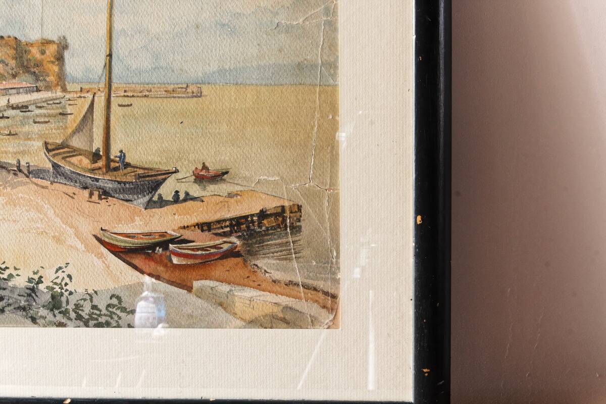 Orientalist watercolor, animated landscape, Mediterranean port