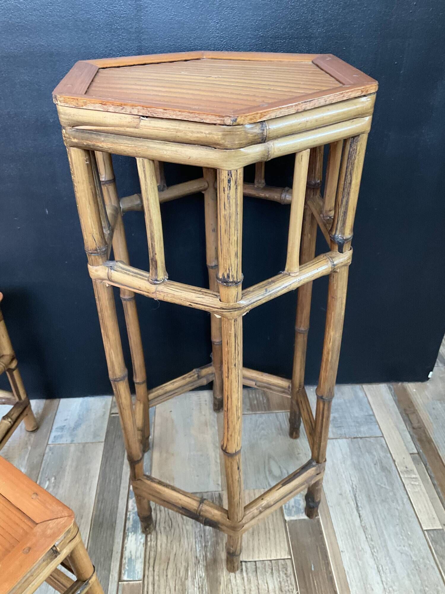 Trio of vintage rattan plant holders in the 60s