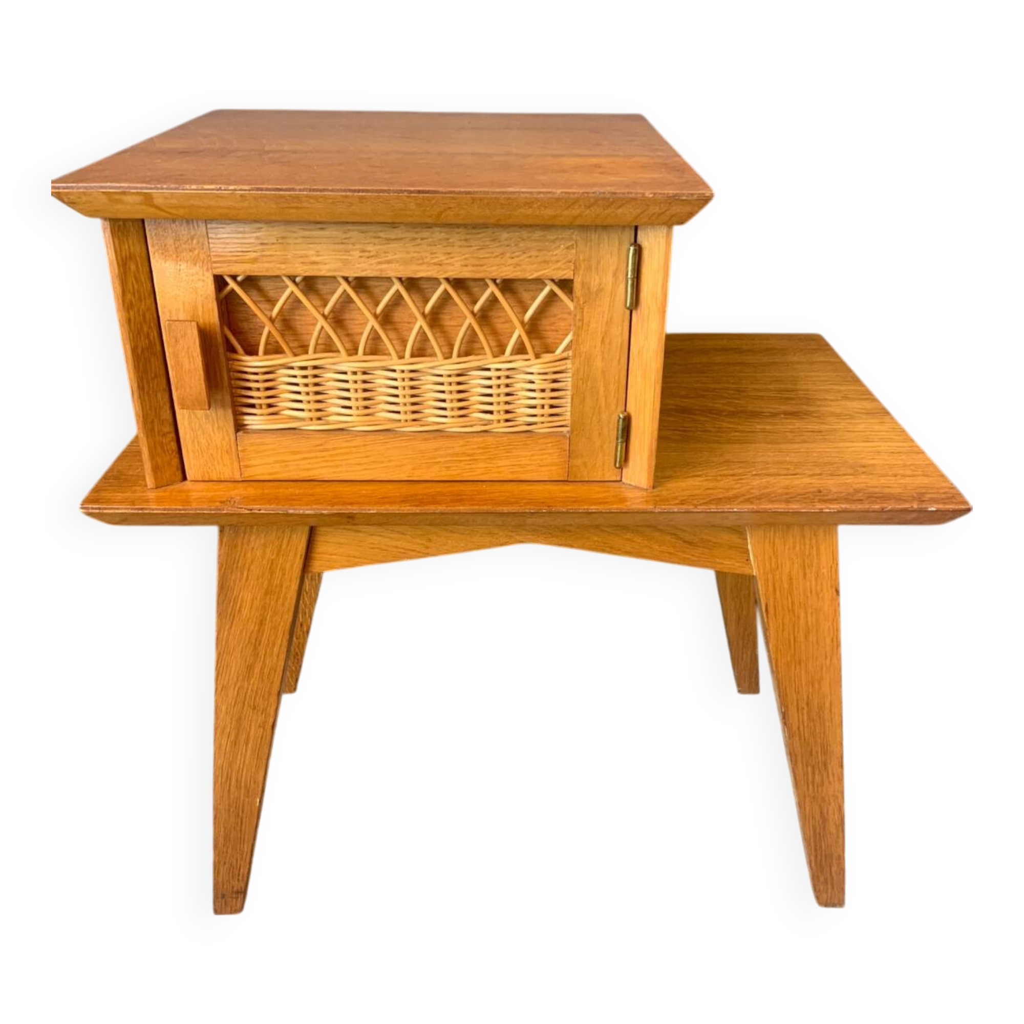 Chevet en bois et rotin années 50