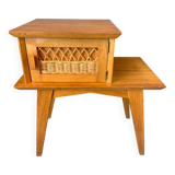 1950s wooden and rattan bedside table